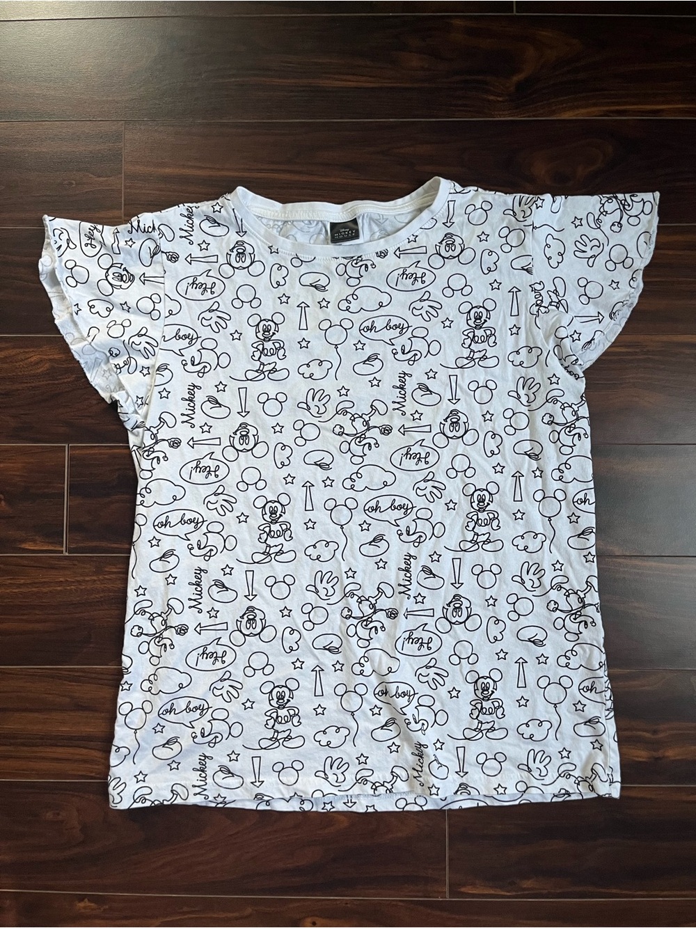 Disney Women’s White Short Flutter Sleeve Tee w/ Mickey Doodle Print, L, NWOT